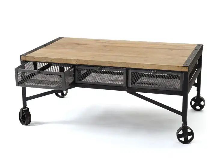 Wooden & Iron Industrial Coffee Table with 3 Drawers & Wheels - popular handicrafts